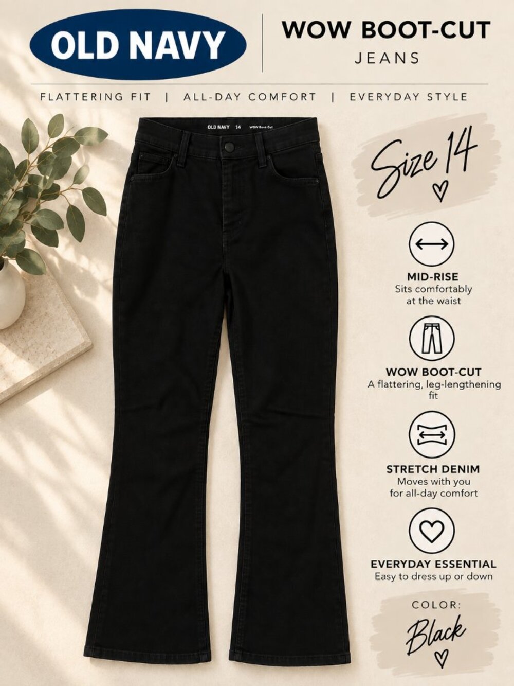 NWT Old Navy WOW Boot-Cut Jeans Black Size 14 Mid Rise